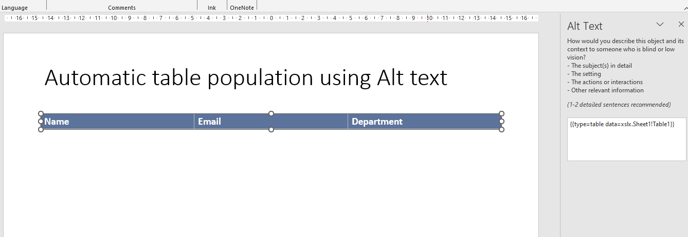 PowerPoint table auto-population - setting placeholder through "Alt text" editing