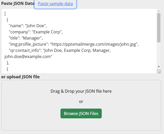 JSON in PowerPoint: Upload your PowerPoint file and paste JSON data