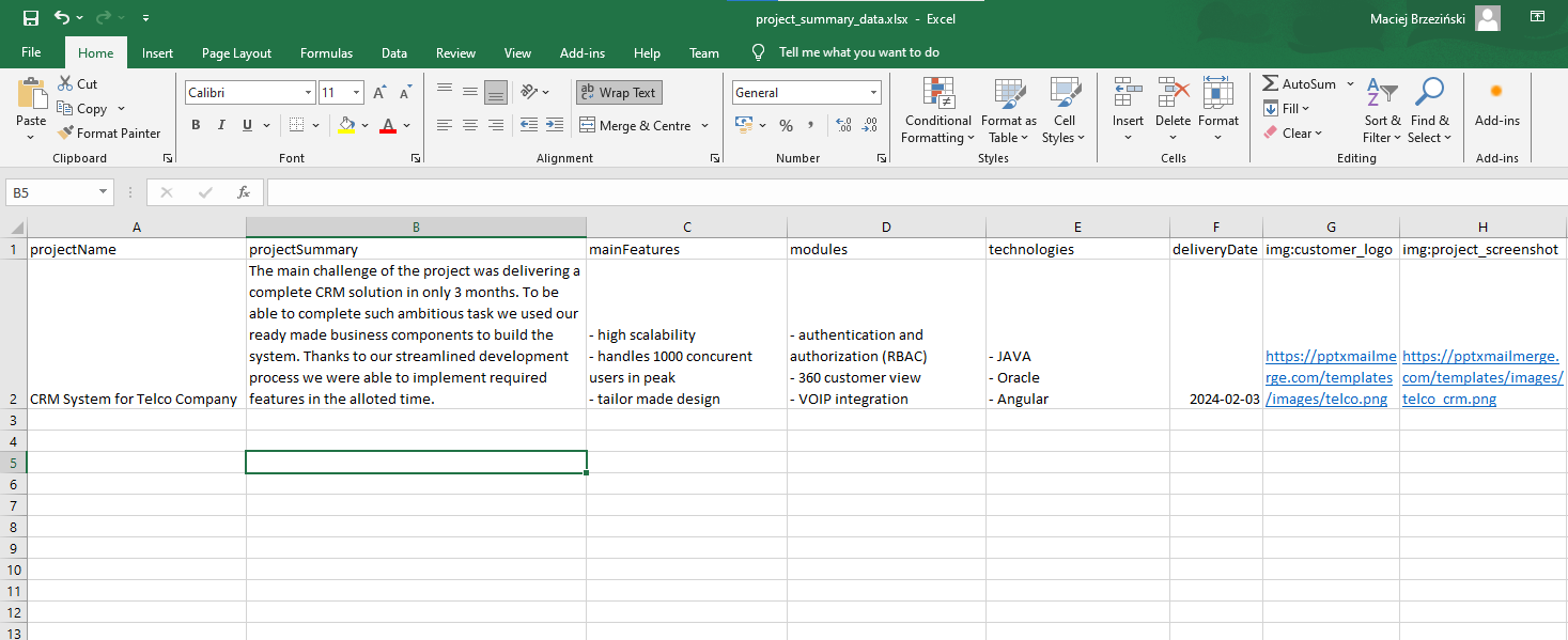 Prepare project data in Excel to merge into PowerPoint